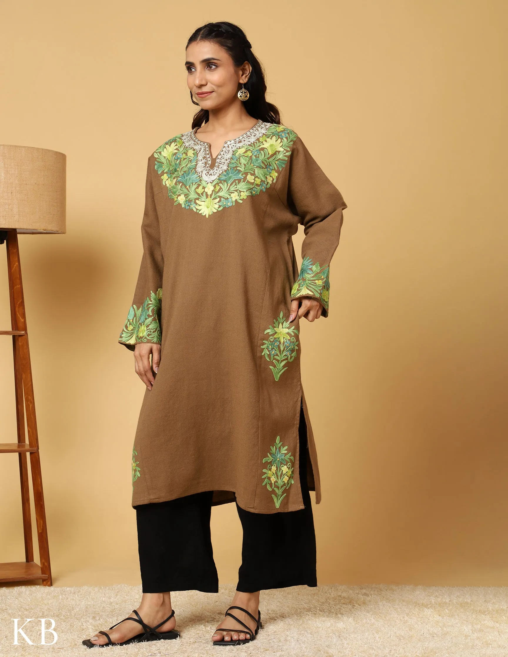 Earthy Elegant Zari Aari Embroidered Pure Wool Phiran