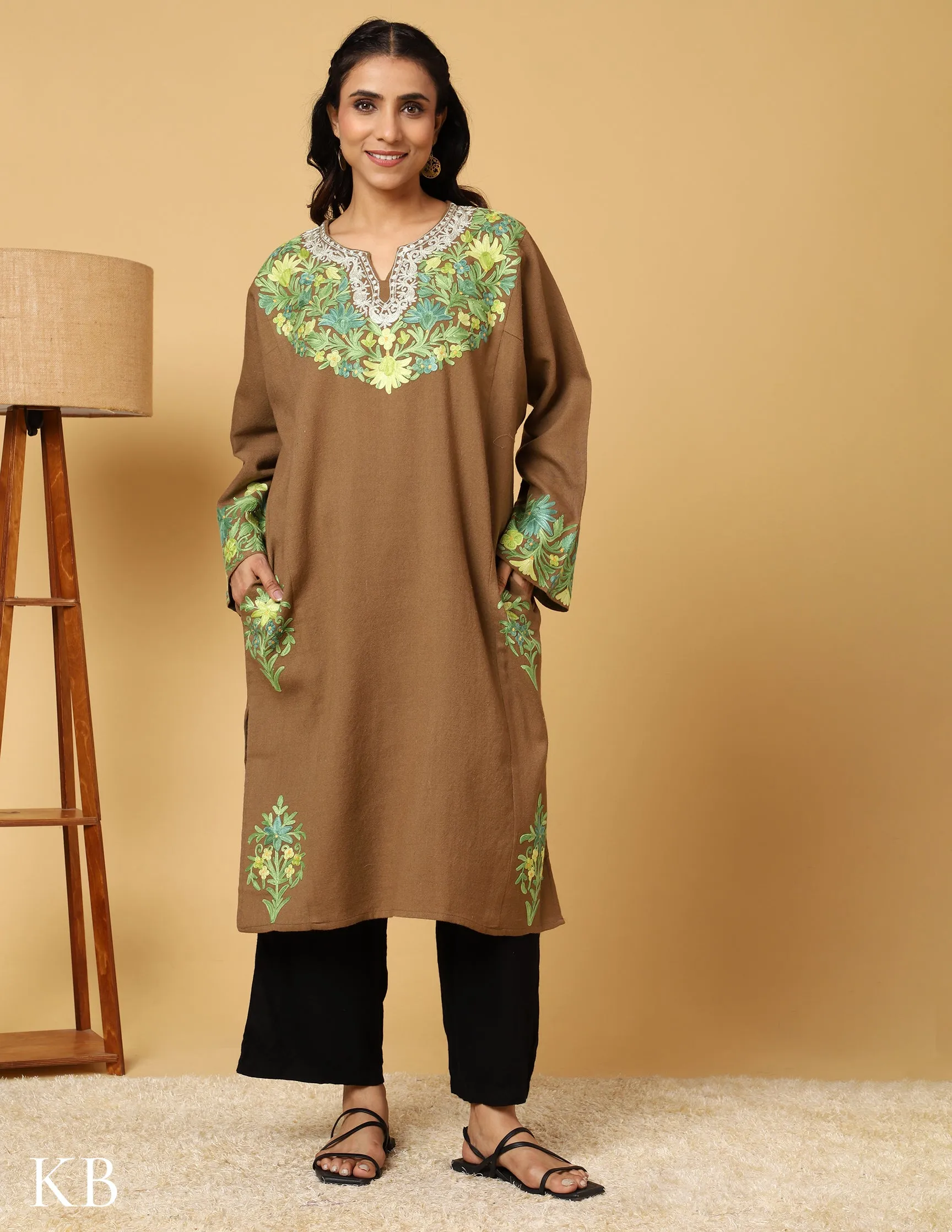 Earthy Elegant Zari Aari Embroidered Pure Wool Phiran