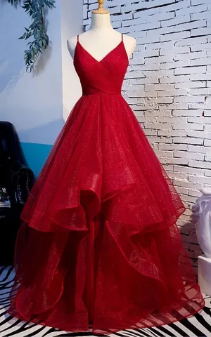 Elegant Tulle Red Straps Prom Dress A Line Prom Dresses Long Evening Dress Burgundy Prom Dress