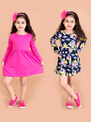 Girls Pink Blue Floral Print Cotton A-Line Dress