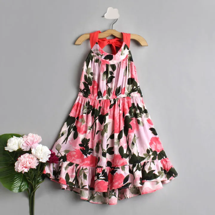 Girls Pink Green Floral Print Fit And Flare Dress