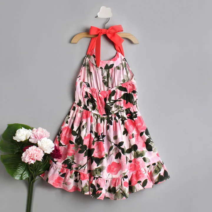 Girls Pink Green Floral Print Fit And Flare Dress