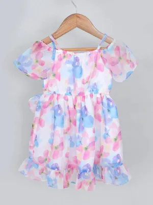 Girls White Pink Floral Georgette Dress