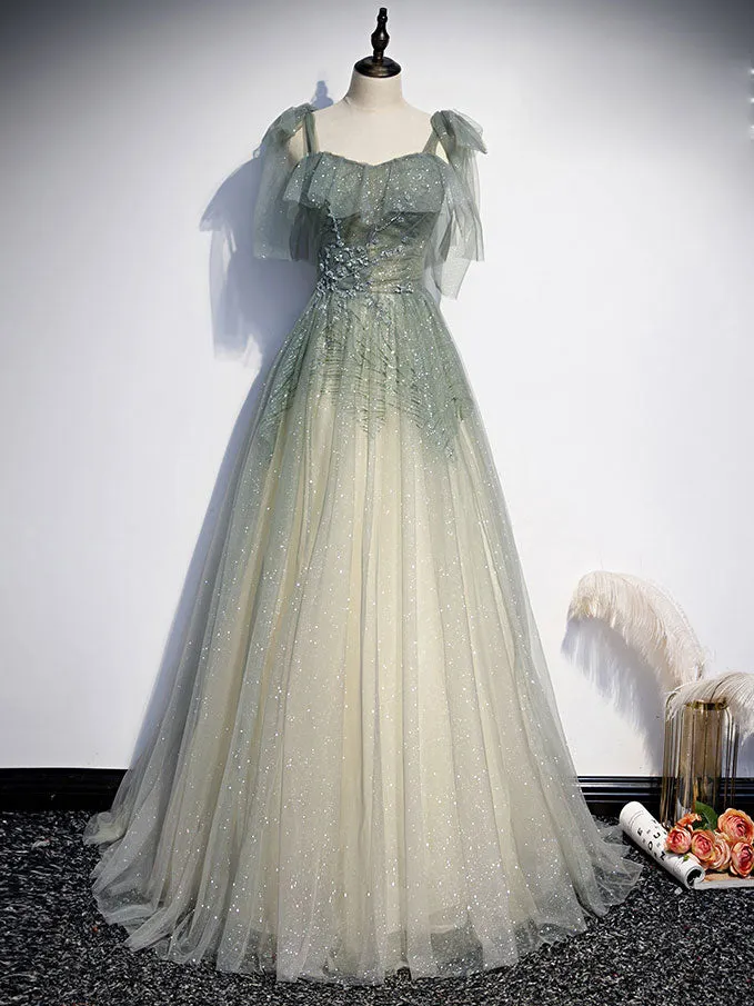 Gray Green Tulle Sequin Beads Long Prom Dress Green Evening Dress