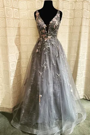 Gray Tulle Lace long A-Line Prom Dress, Gray V-Neck Evening Party Dress