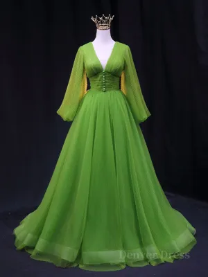 Green A Line Long Prom Dresses V Neck Green Tulle Long Formal Evening Dresses