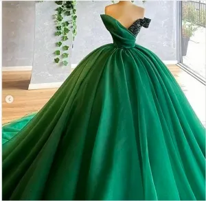 Green Prom Dresses Ball Gown Puffy Tulle Sequins Beading Floor Length Long Arabic Long Evening Dresses Gowns