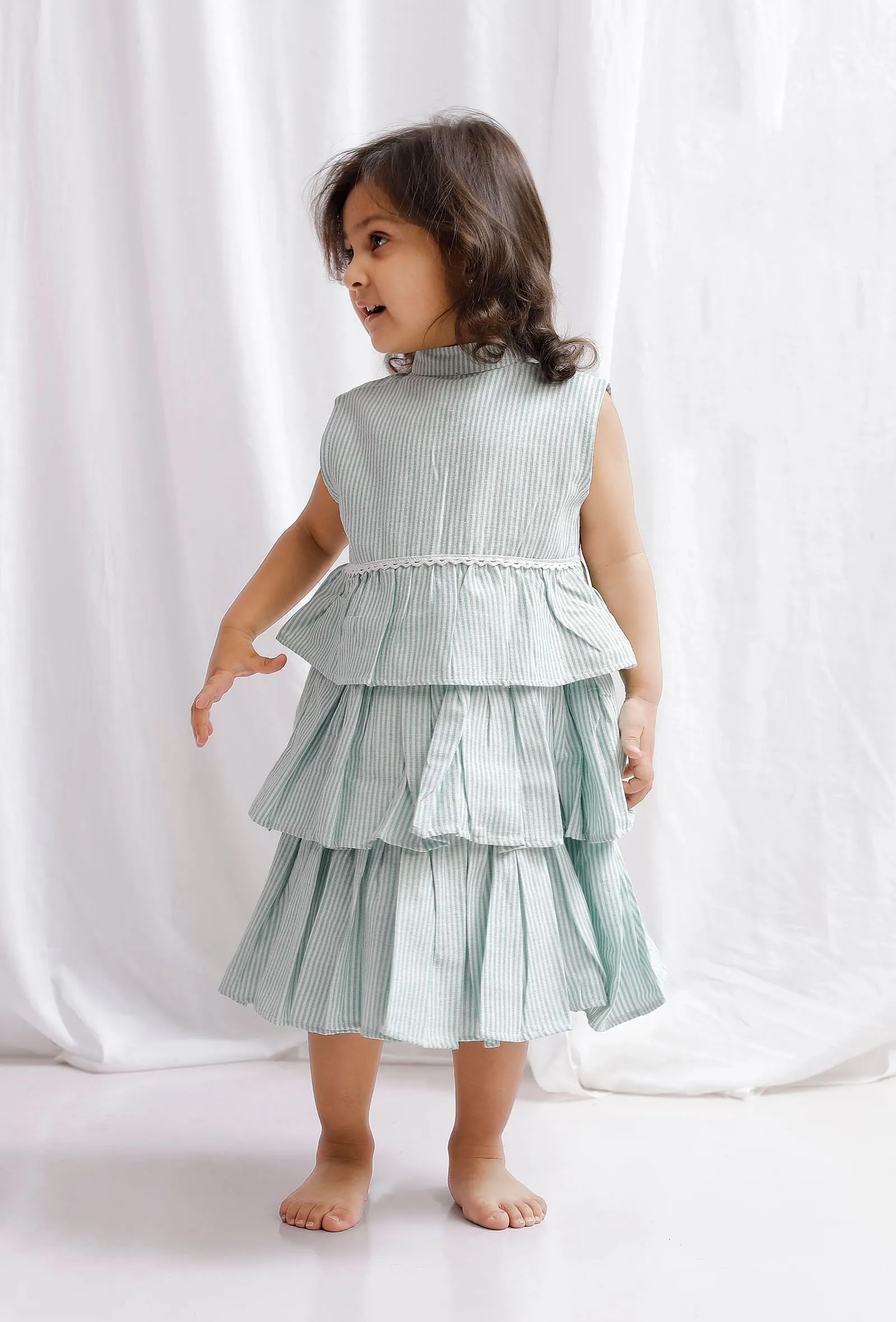 Green Striped Cotton Tier and Layered Dress