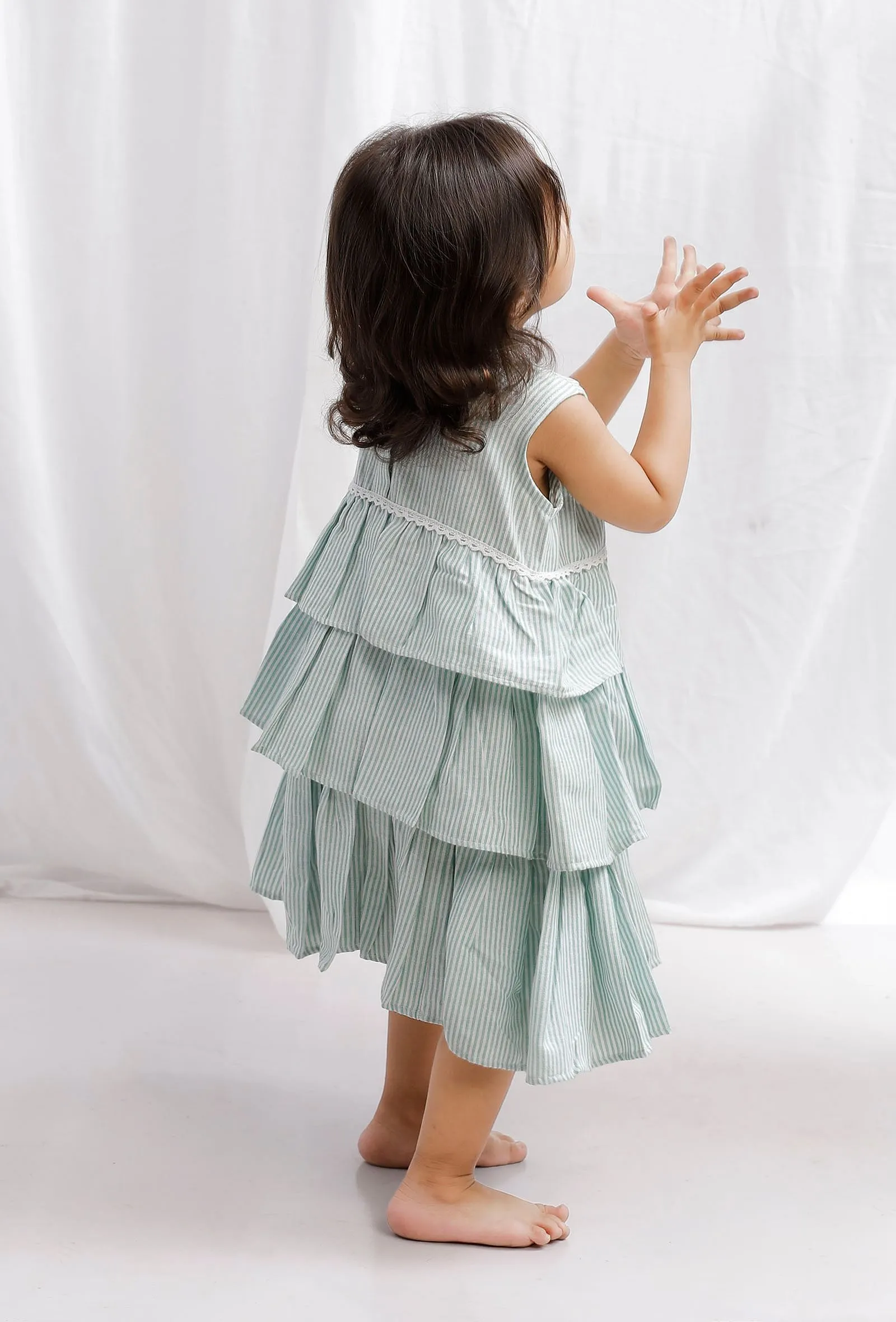 Green Striped Cotton Tier and Layered Dress