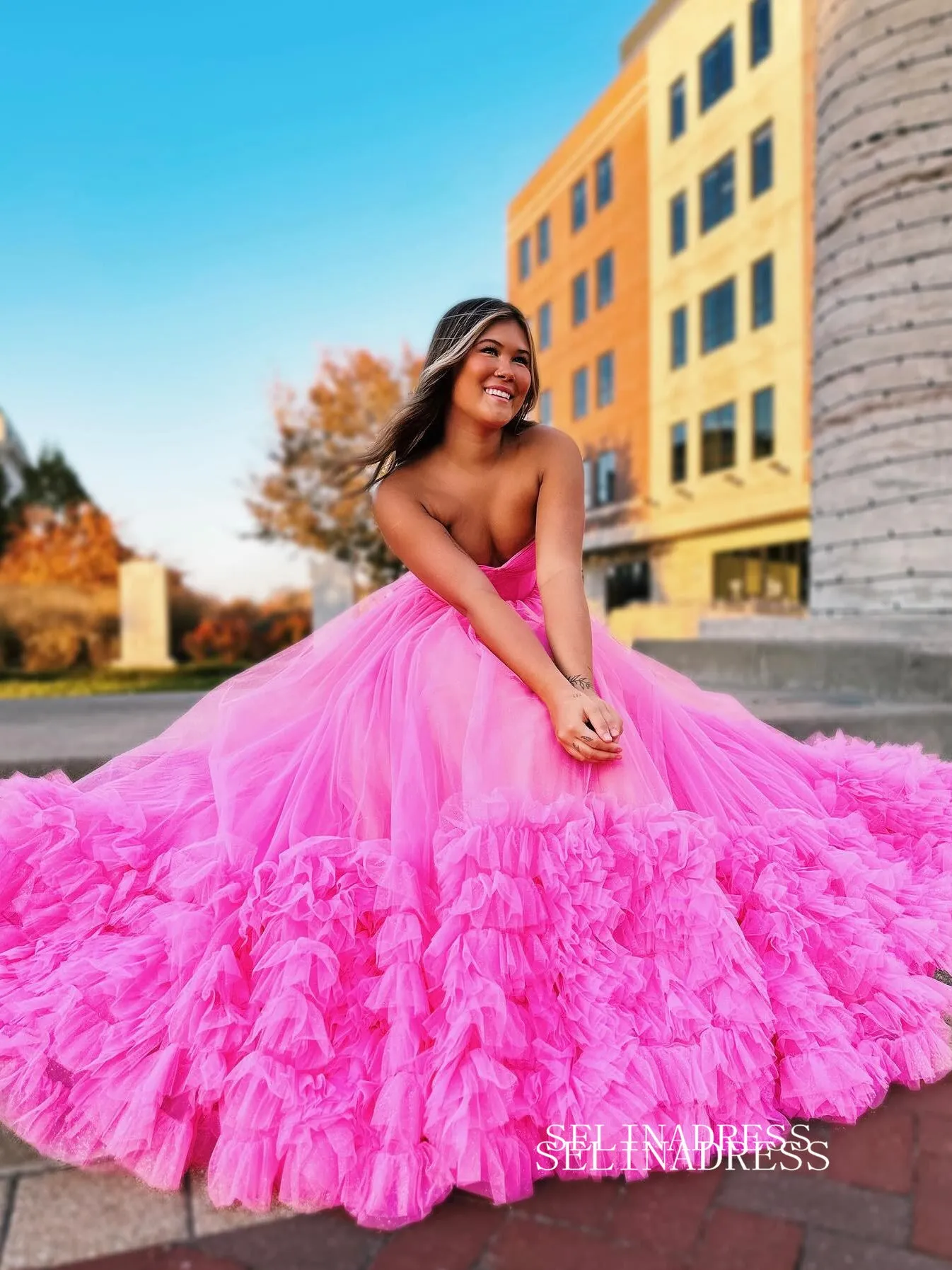 Hot Pink Sweetheart Long Prom Dress Ruffles Tulle Evening Dress EWR466