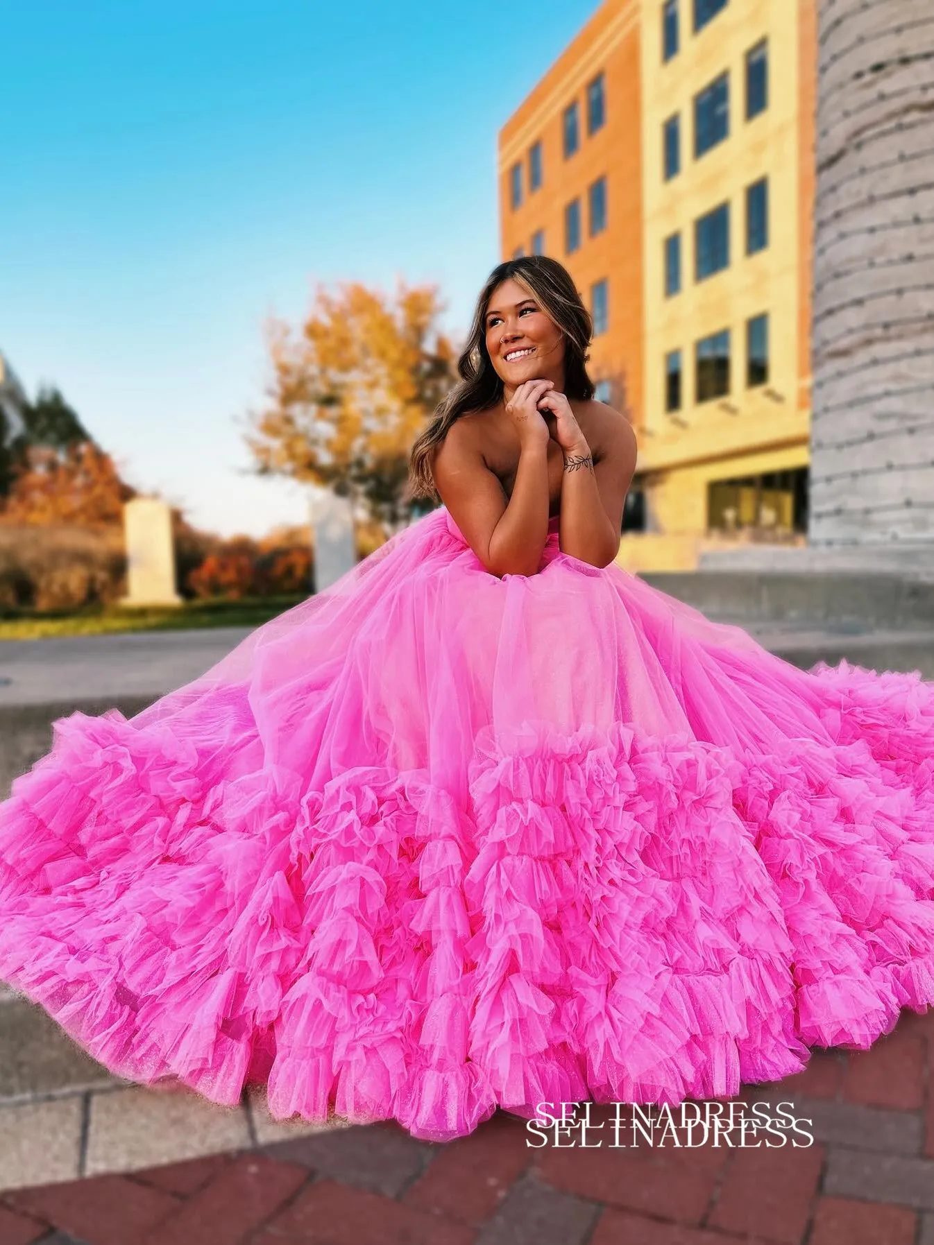 Hot Pink Sweetheart Long Prom Dress Ruffles Tulle Evening Dress EWR466