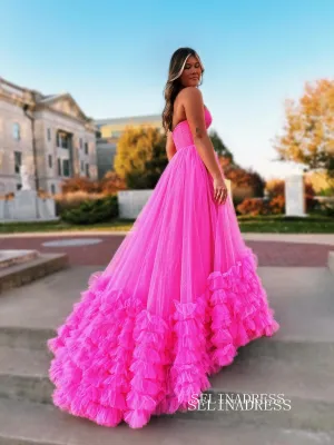 Hot Pink Sweetheart Long Prom Dress Ruffles Tulle Evening Dress EWR466