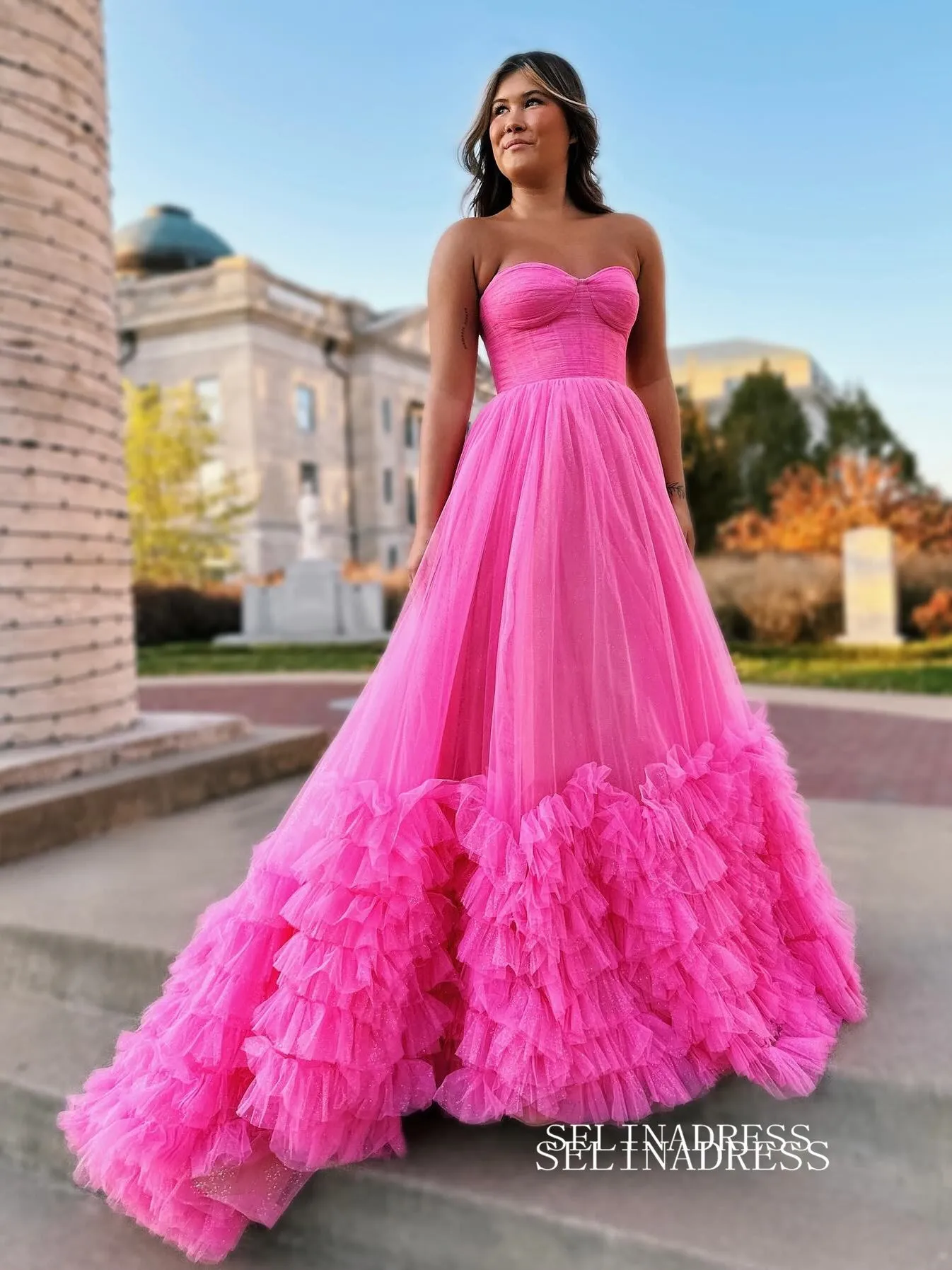 Hot Pink Sweetheart Long Prom Dress Ruffles Tulle Evening Dress EWR466