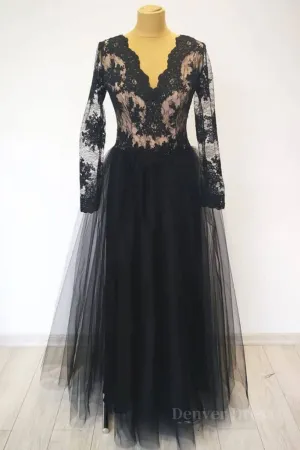 Long Sleeves V Neck Black Lace Long Prom Dresses Long Sleeves Black Formal Dresses Black Lace Evening Dresses