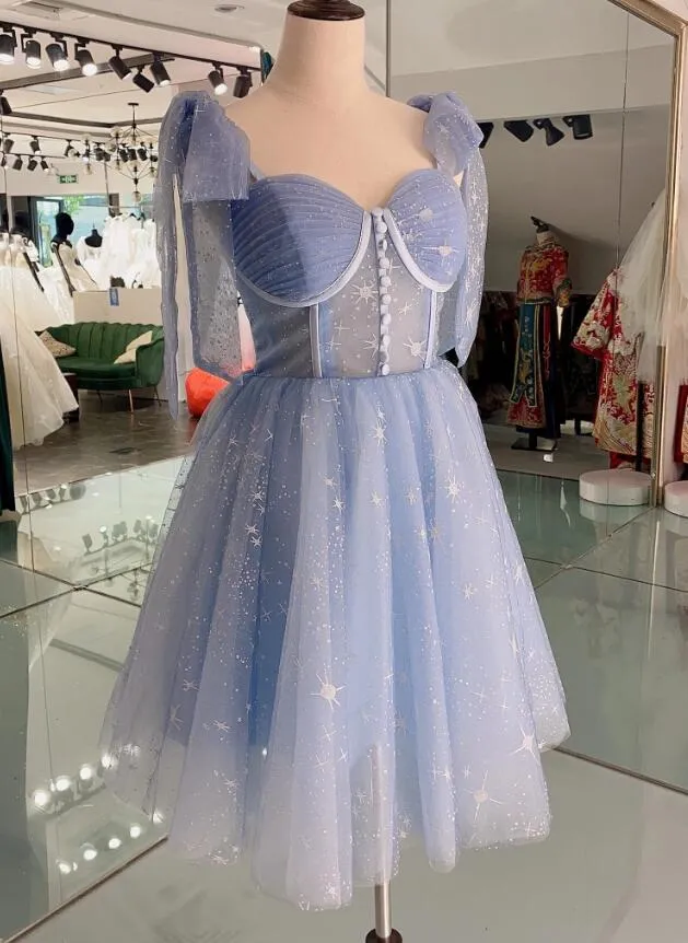 Lovely Blue Short Tulle Homecoming Dress Prom Dresses Blue Evening Dresses