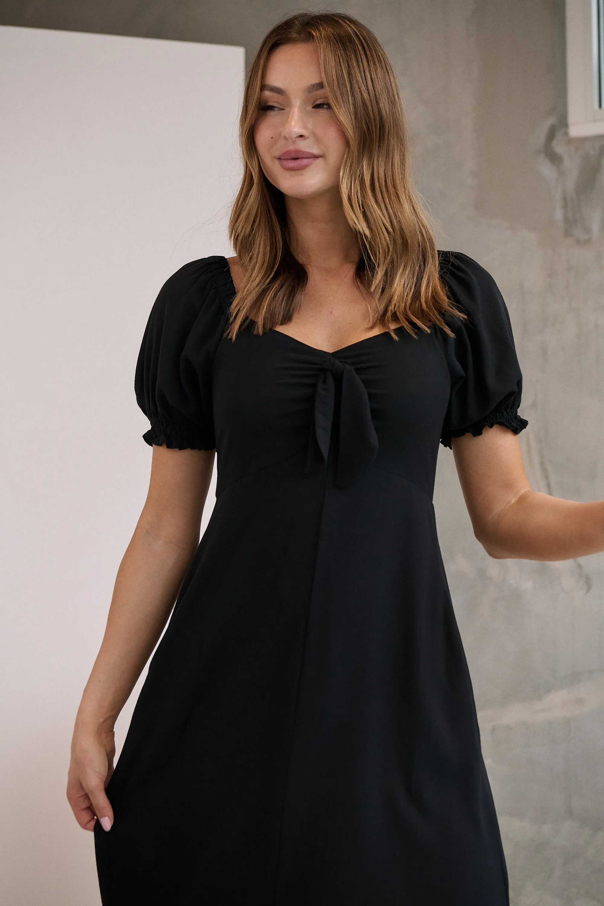 Lulu Tie Front Black Midi Dress