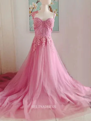 Luxurious Beaded Pink Long Prom Dresses Lace Beaded Princess Dresses Long Formal Dress OSTY057