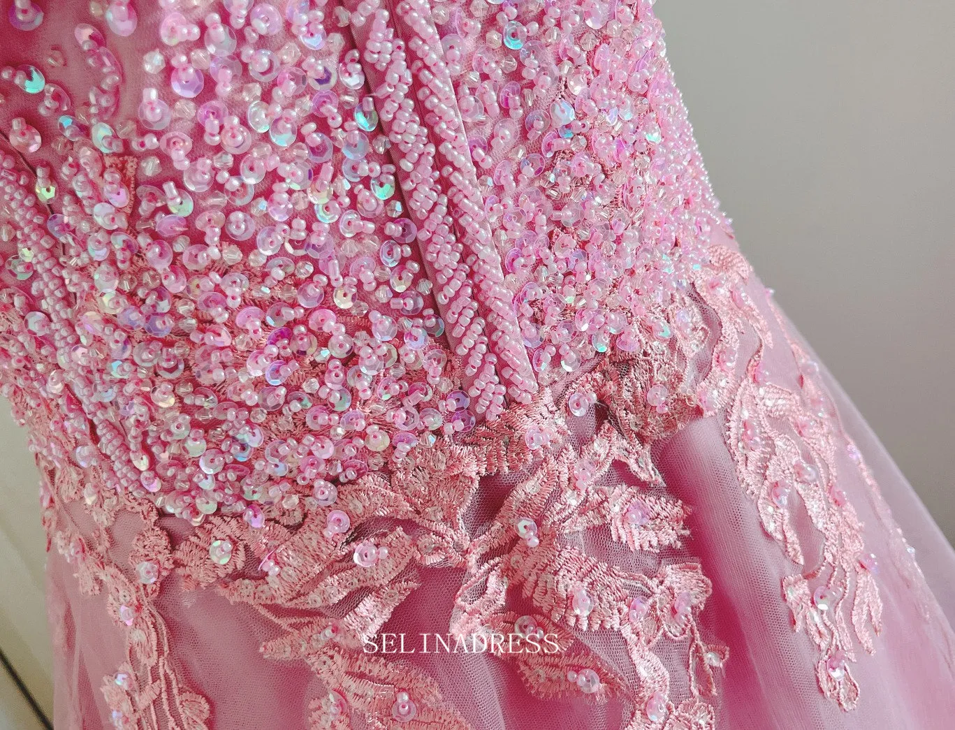 Luxurious Beaded Pink Long Prom Dresses Lace Beaded Princess Dresses Long Formal Dress OSTY057