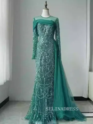 Luxurious Green Arabic Long Sleeves Beaded Long Formal Evening Dress With Skirt ALI0014