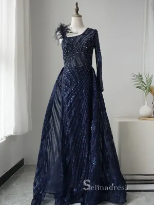 Luxurious Unique Long Sleeve Prom Dress Sparkly Beaded Fashion Long Evening Dresses ASB016