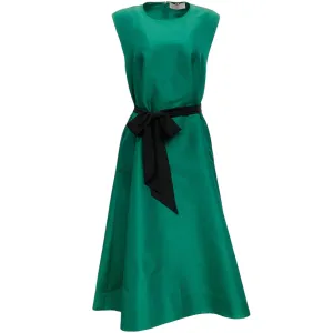 Mantu Green Silk Sleeveless Midi Dress with Black Tie Waist