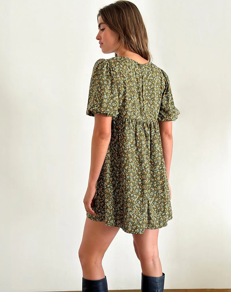 Marate Puff Sleeve Mini Dress in Grunge Floral Khaki