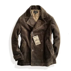 Men's Corduroy Pea Coat Double-breasted Military Style Vintage Outerwear