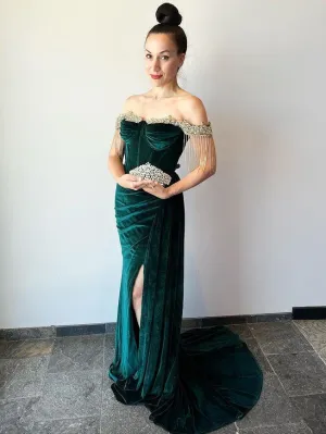 Mermaid Off-the-shoulder Dark Green Prom Dress Beaded Thigh Split Evening Dresses RYU001