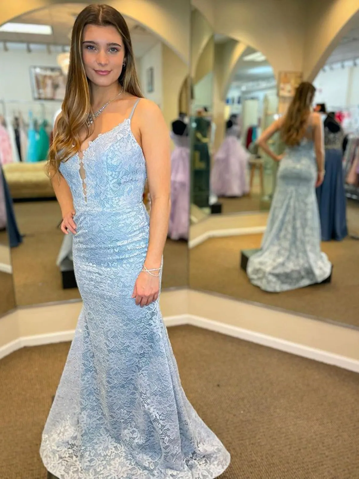 Mermaid V Neck Light Blue Lace Long Prom Dresses, Light Blue Lace Formal Dresses, Mermaid Light Blue Evening Dresses