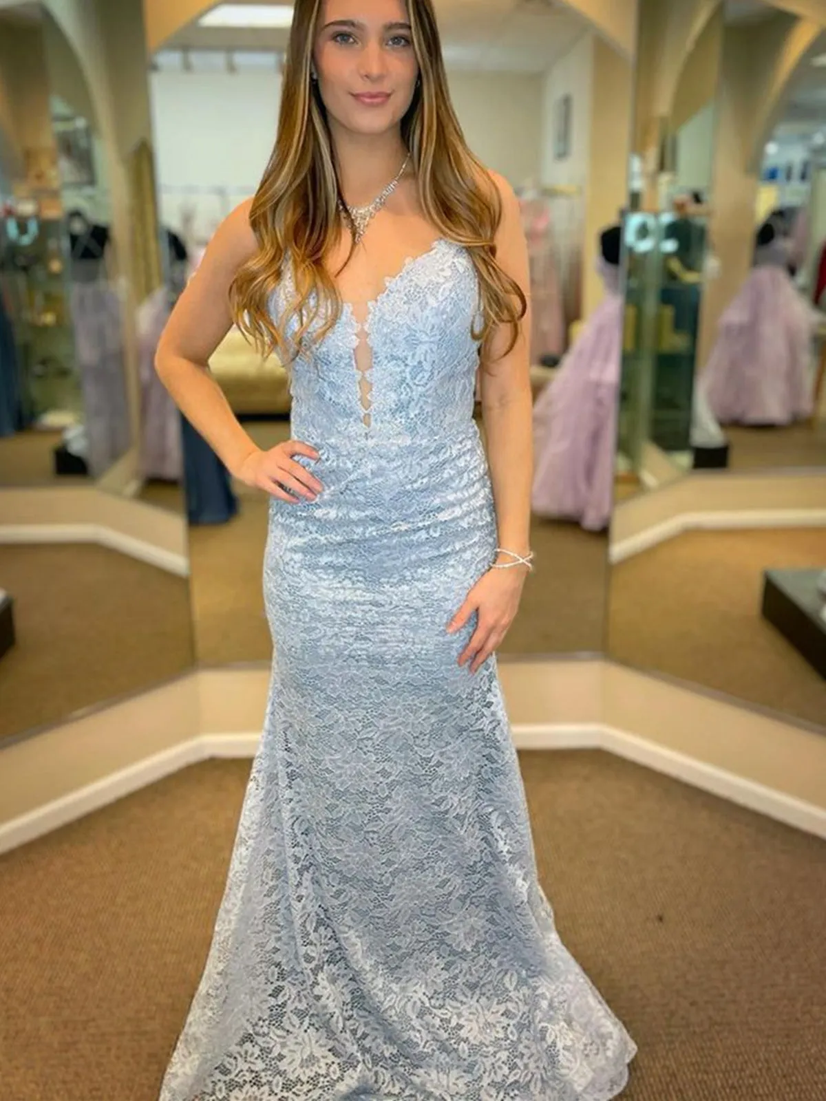 Mermaid V Neck Light Blue Lace Long Prom Dresses, Light Blue Lace Formal Dresses, Mermaid Light Blue Evening Dresses