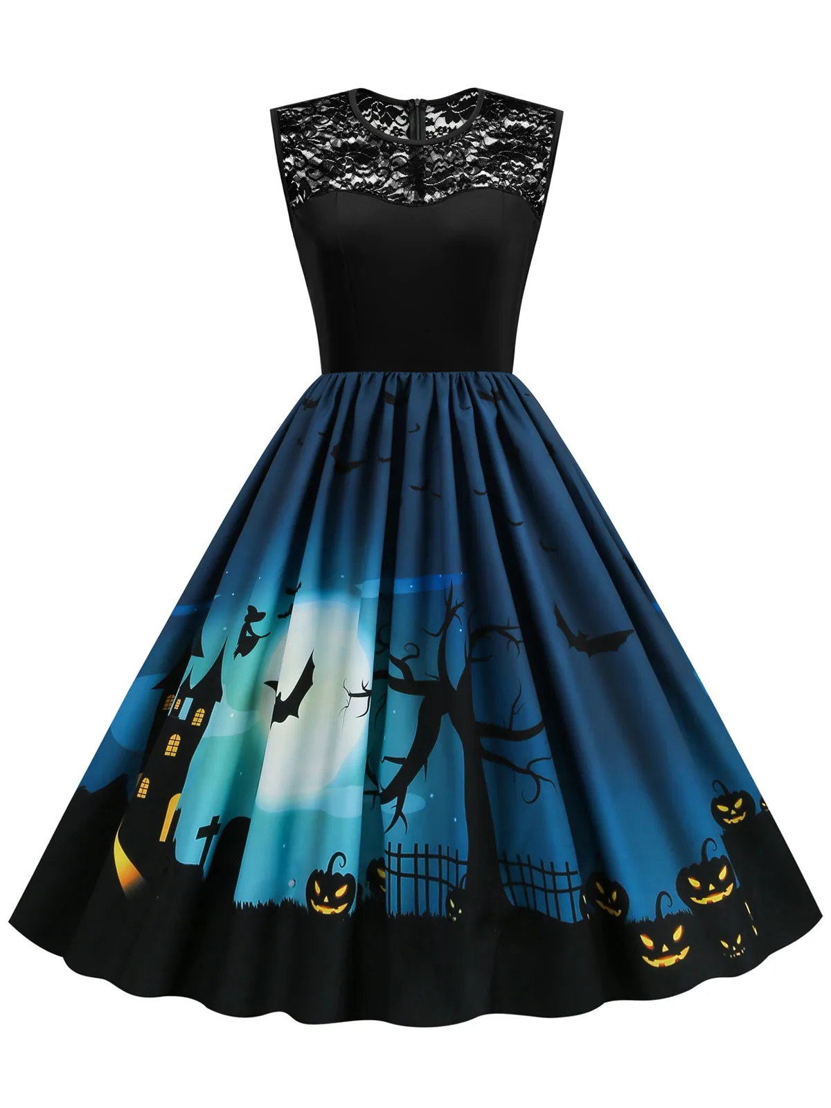 Navy Blue 1950s Halloween Lace Patchwork Dress