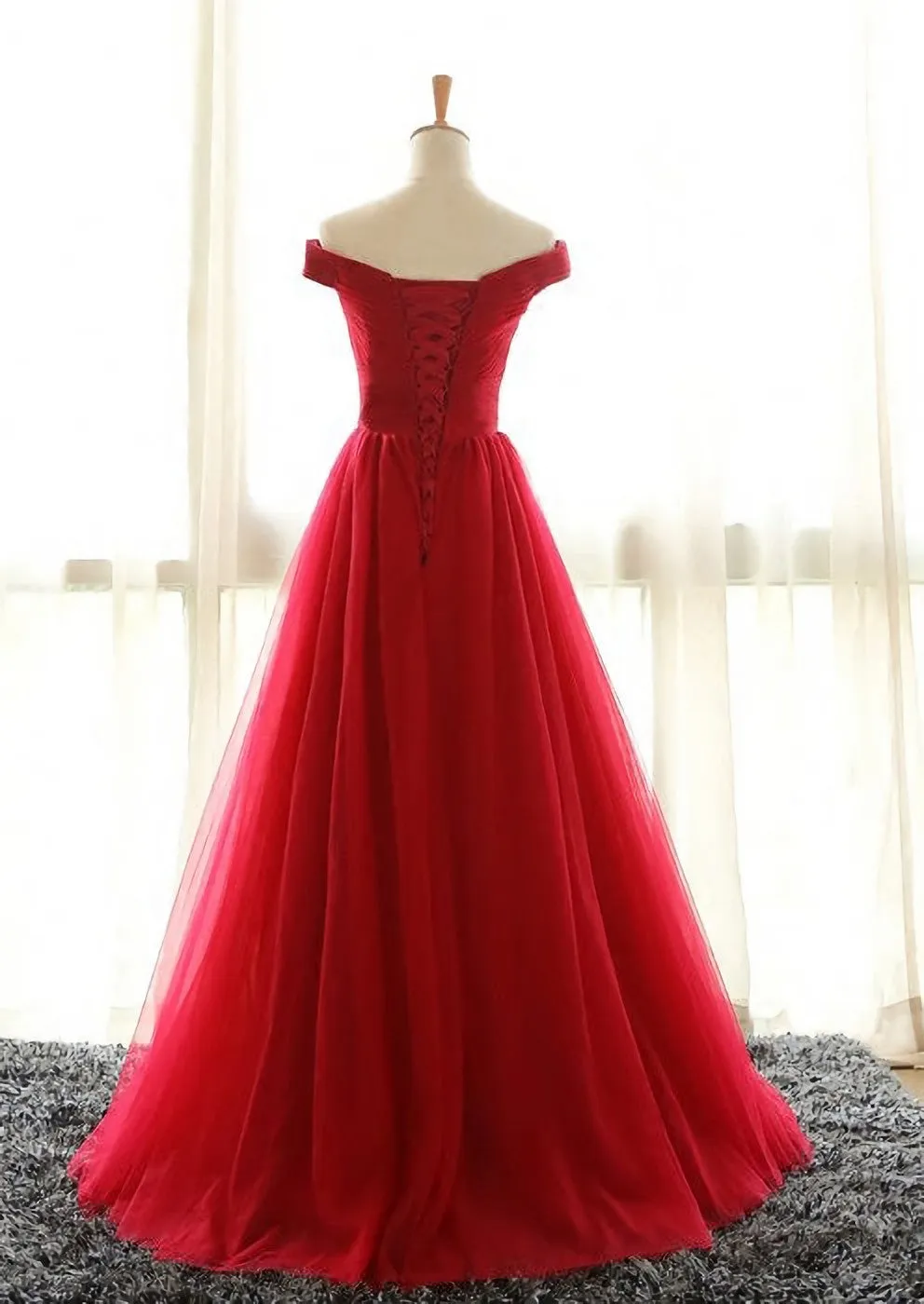 Off The Shoulder Red A Line Pleated Long Red Prom Dresses