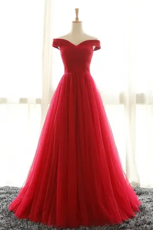 Off The Shoulder Red A Line Pleated Long Red Prom Dresses