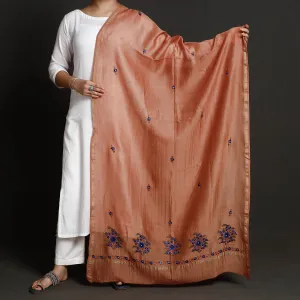 Orange - Kashidakari Hand Embroidered Chanderi Silk Handloom Dupatta with Zari Border