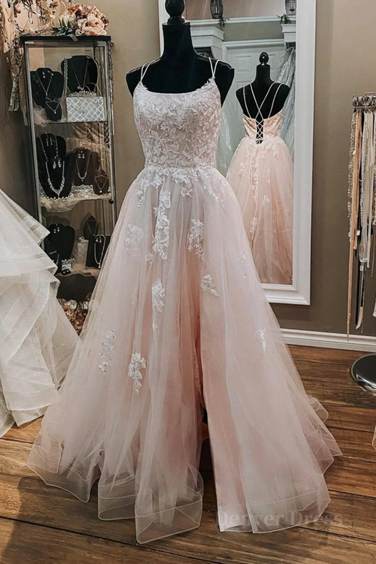 Pink Lace Appliques A Line Open Back Tulle Long Prom Dresses Pink Lace Formal Graduation Evening Dresses