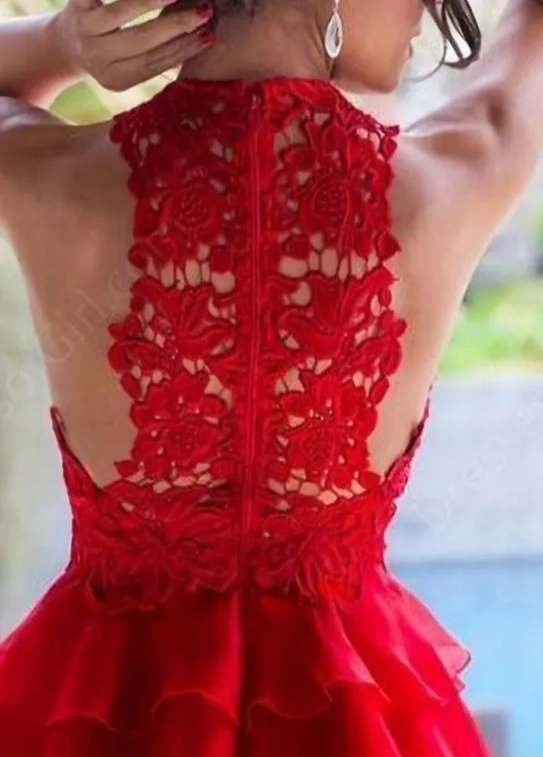 Red A Line Scoop Neck Lace Chiffon Short Mini Tiered Red Prom Dresses