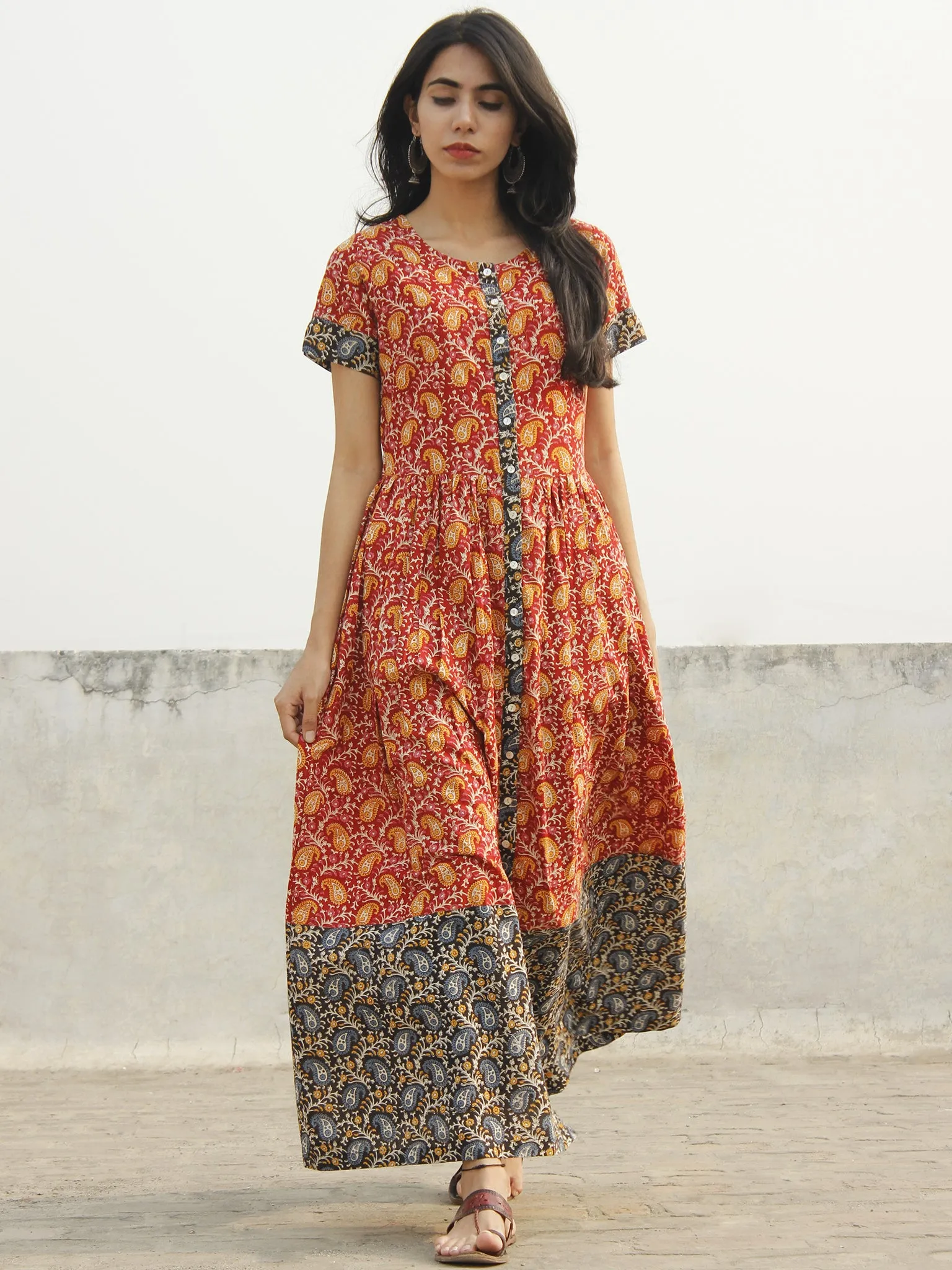 Red Black Yellow Indigo Pink Ivory Long Hand Block Cotton Dress With Stand Collar  - D138F995