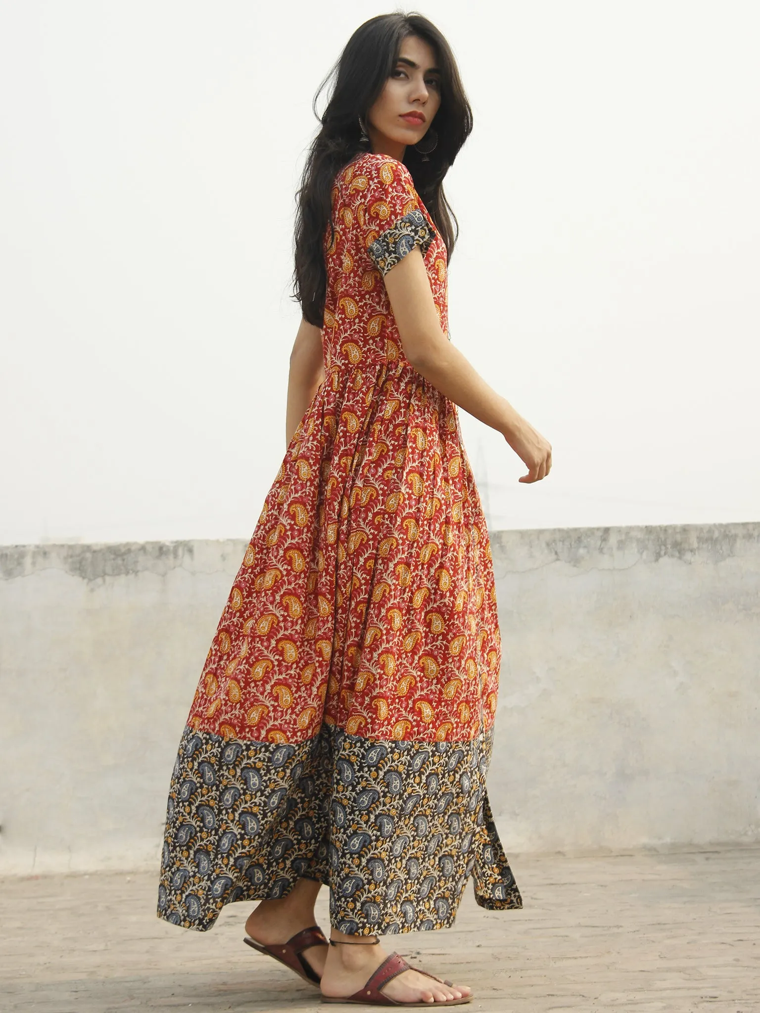 Red Black Yellow Indigo Pink Ivory Long Hand Block Cotton Dress With Stand Collar  - D138F995