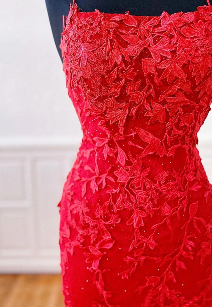 Red Lace Long Prom Dresses Mermaid Evening Dresses