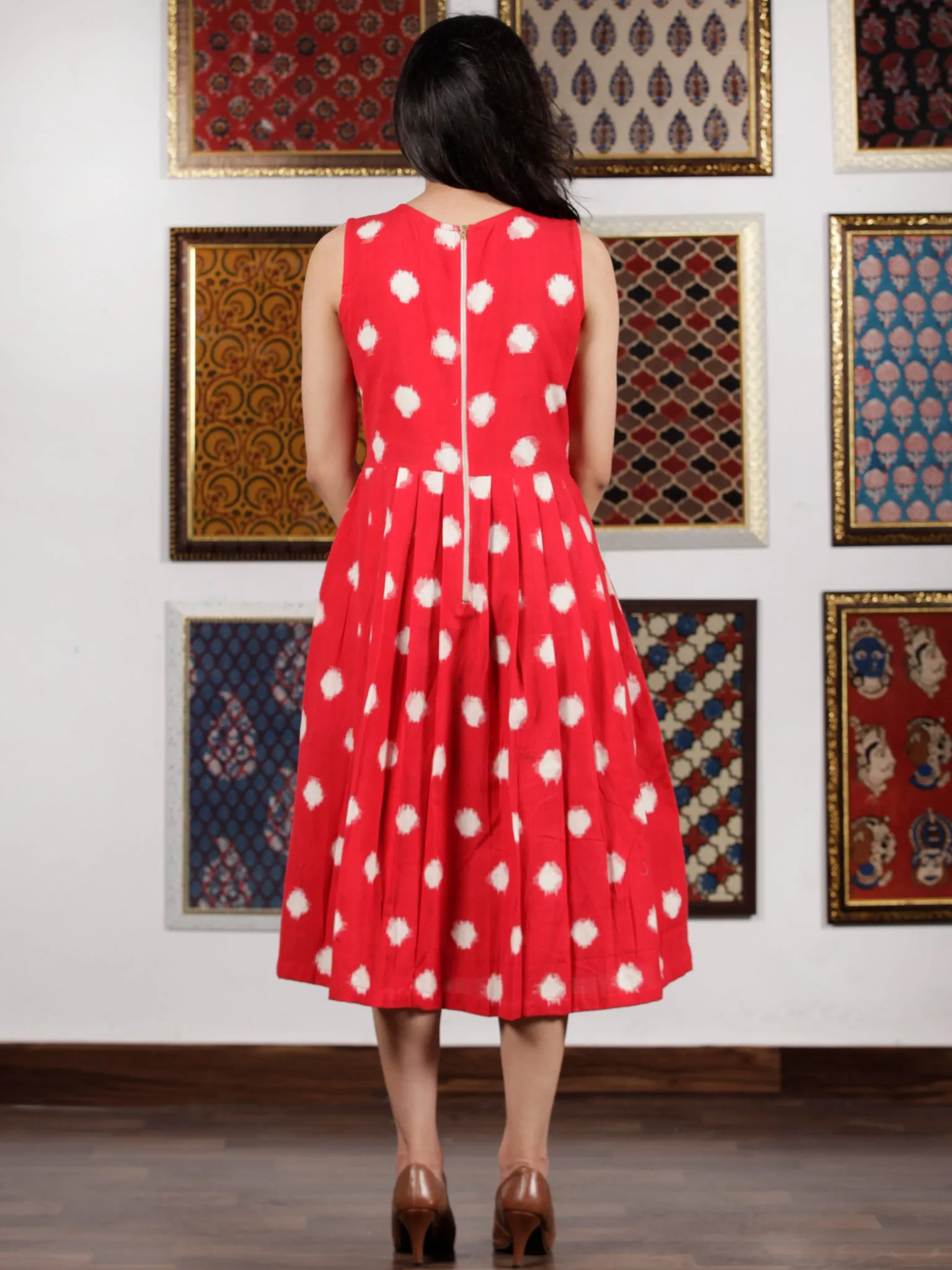 Red White Handwoven Double Ikat Pleated Sleeveless Dress With Side Pockets & Tassels   - D65F1565