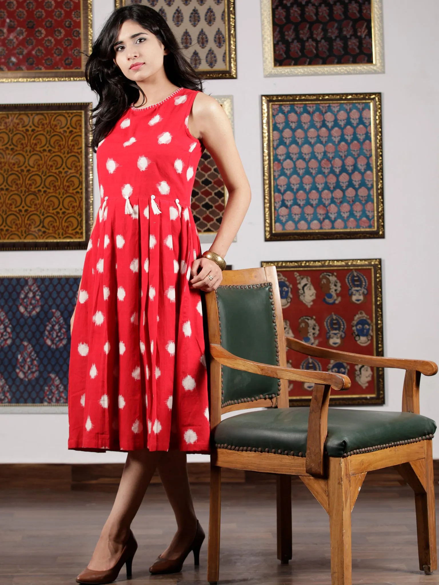 Red White Handwoven Double Ikat Pleated Sleeveless Dress With Side Pockets & Tassels   - D65F1565