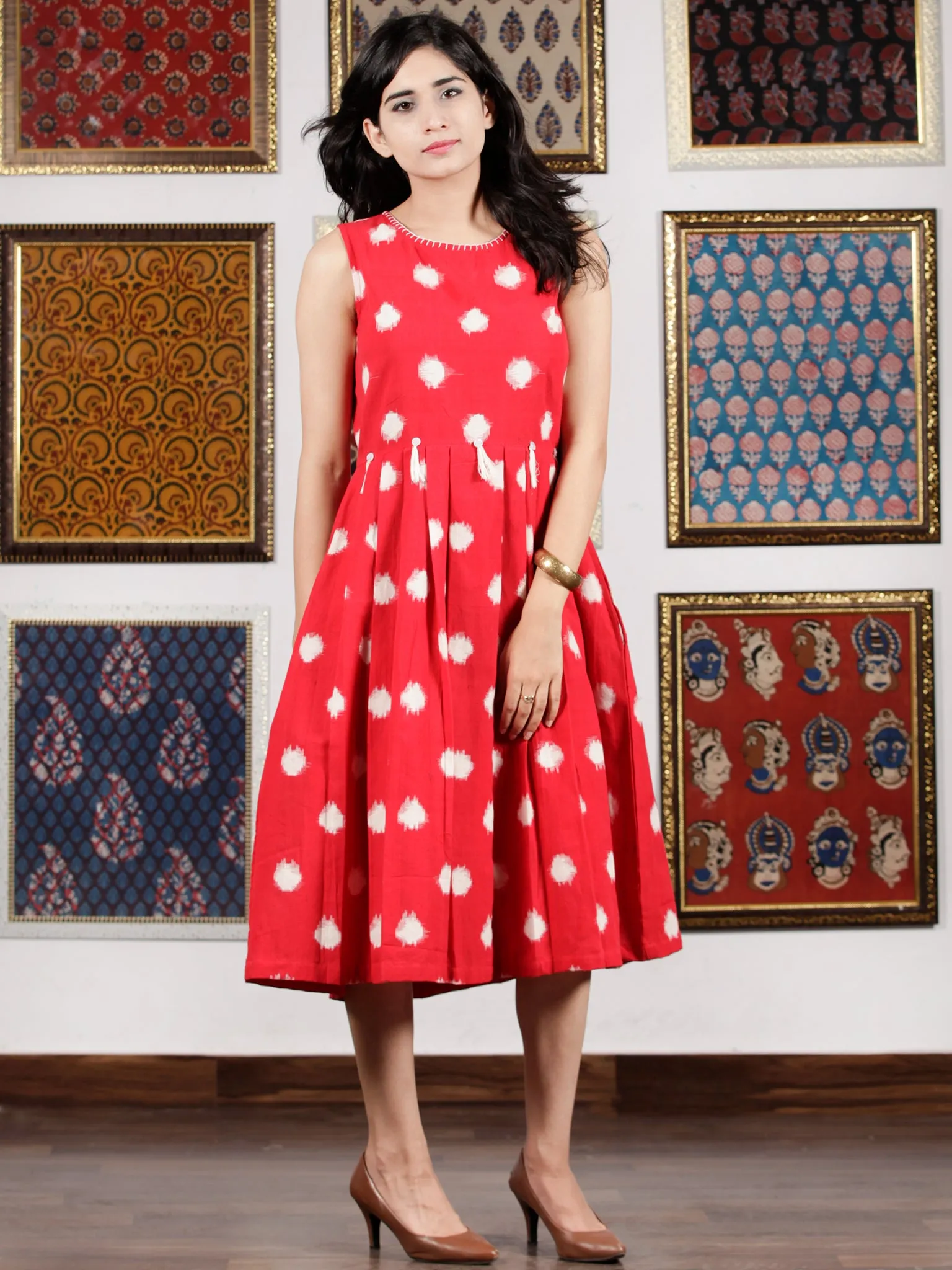 Red White Handwoven Double Ikat Pleated Sleeveless Dress With Side Pockets & Tassels   - D65F1565