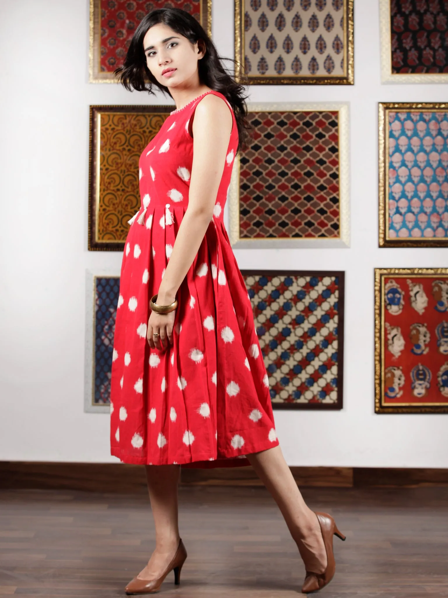 Red White Handwoven Double Ikat Pleated Sleeveless Dress With Side Pockets & Tassels   - D65F1565