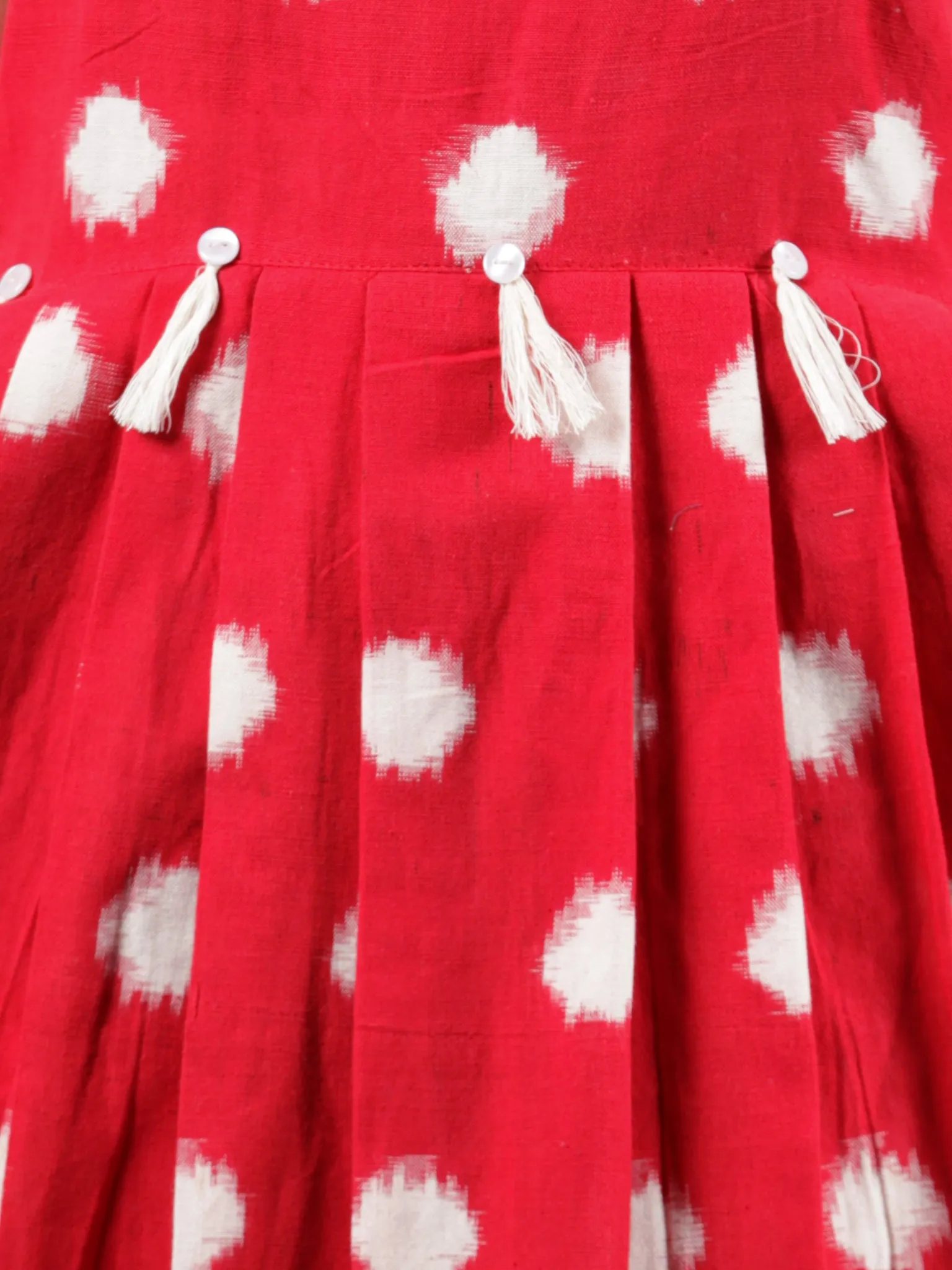 Red White Handwoven Double Ikat Pleated Sleeveless Dress With Side Pockets & Tassels   - D65F1565