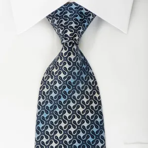 Renoma Silk Necktie Geometric Spirals On Dark Blue With Silver Sparkles