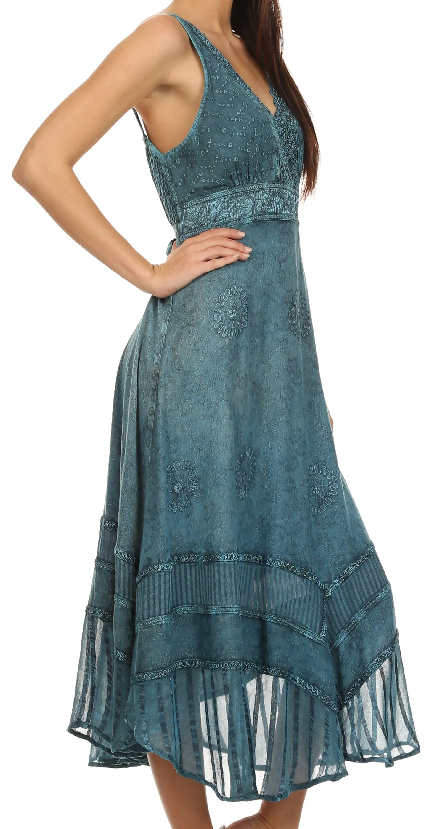 Sakkas Jammeh Stonewashed Embroidery Rayon Adjustable Spaghetti Straps Dress