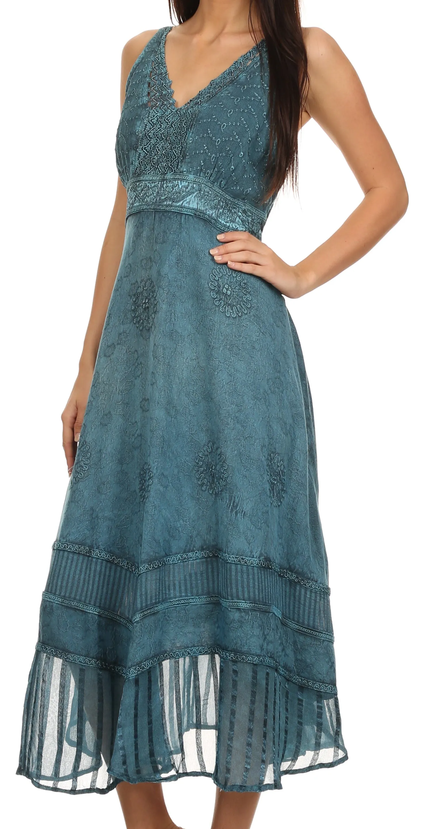 Sakkas Jammeh Stonewashed Embroidery Rayon Adjustable Spaghetti Straps Dress