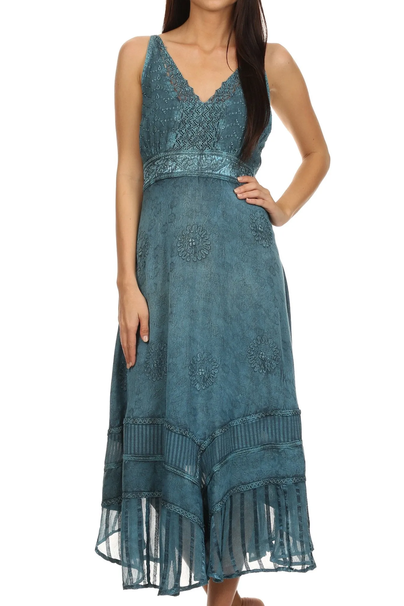 Sakkas Jammeh Stonewashed Embroidery Rayon Adjustable Spaghetti Straps Dress