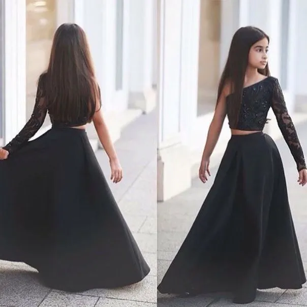 Sexy Black Two Piece Lace Flower Girl Dress Black One Sleeve A-line