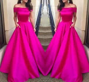 Simple Hot Pink Off The Shoulder Sexy Long With Pocket Communication Prom Dresses